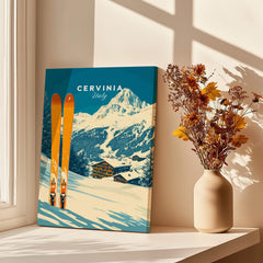 Cervinia Ski Wall Art Print featuring vibrant skiing scene in the Italian Alps with skis.