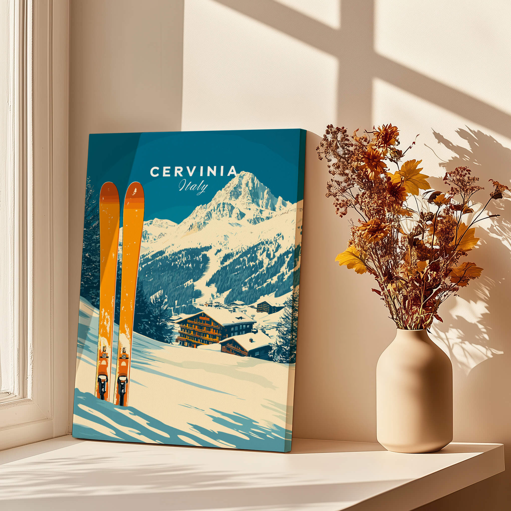 Cervinia Ski Wall Art Print featuring vibrant skiing scene in the Italian Alps with skis.