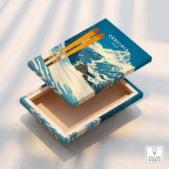 Cervinia Ski Wall Art Print featuring vibrant ski design and Italian Alps imagery on a decorative box.
