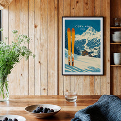 Cervinia Ski Wall Art Print showcasing vibrant colors of the Italian Alps with skis and mountain scenery.