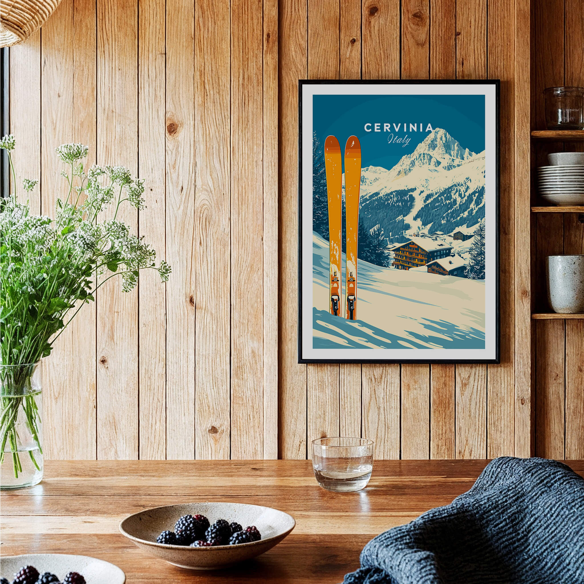 Cervinia Ski Wall Art Print showcasing vibrant colors of the Italian Alps with skis and mountain scenery.