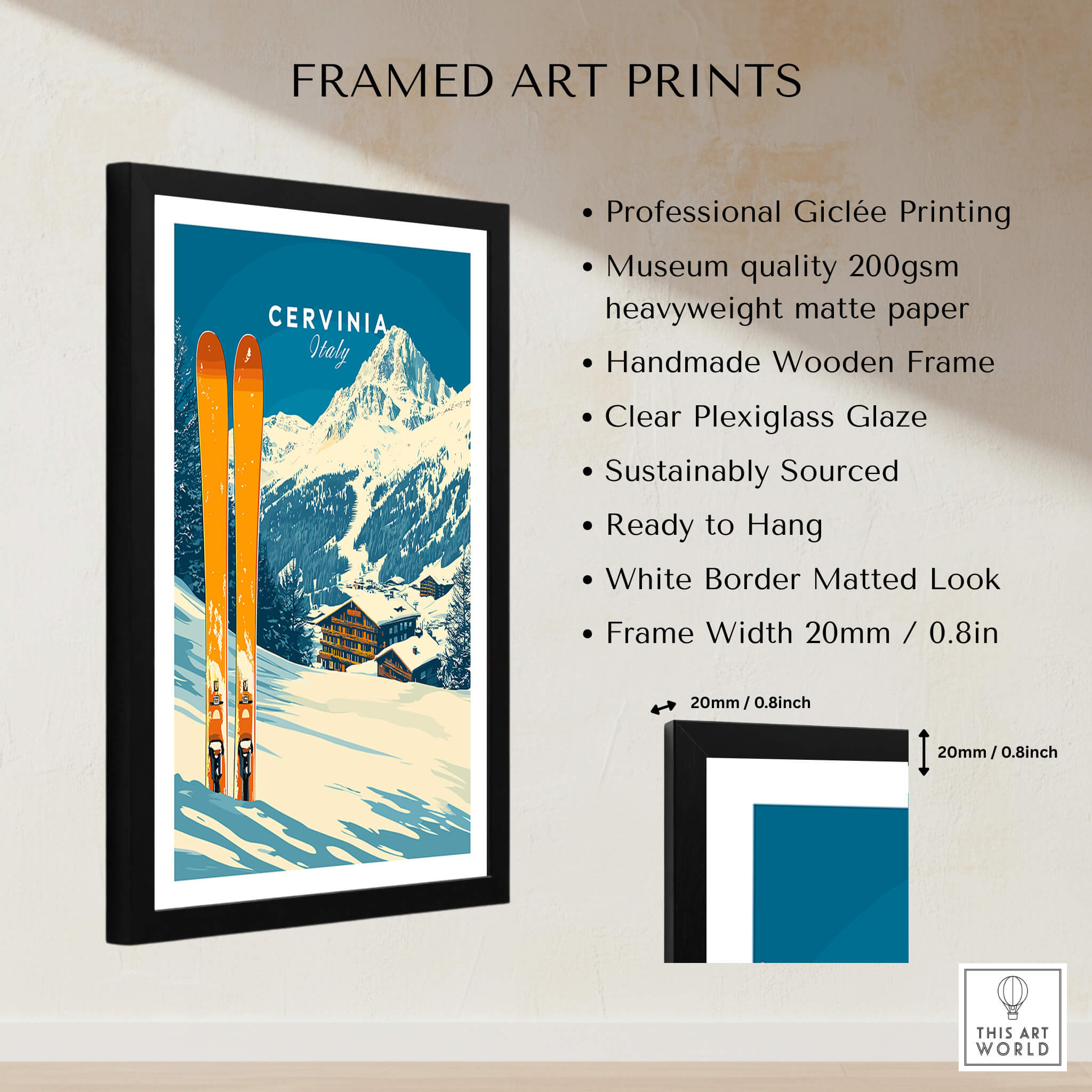 Cervinia Ski Wall Art Print featuring framed giclée print, vibrant colors and ski imagery from the Italian Alps.
