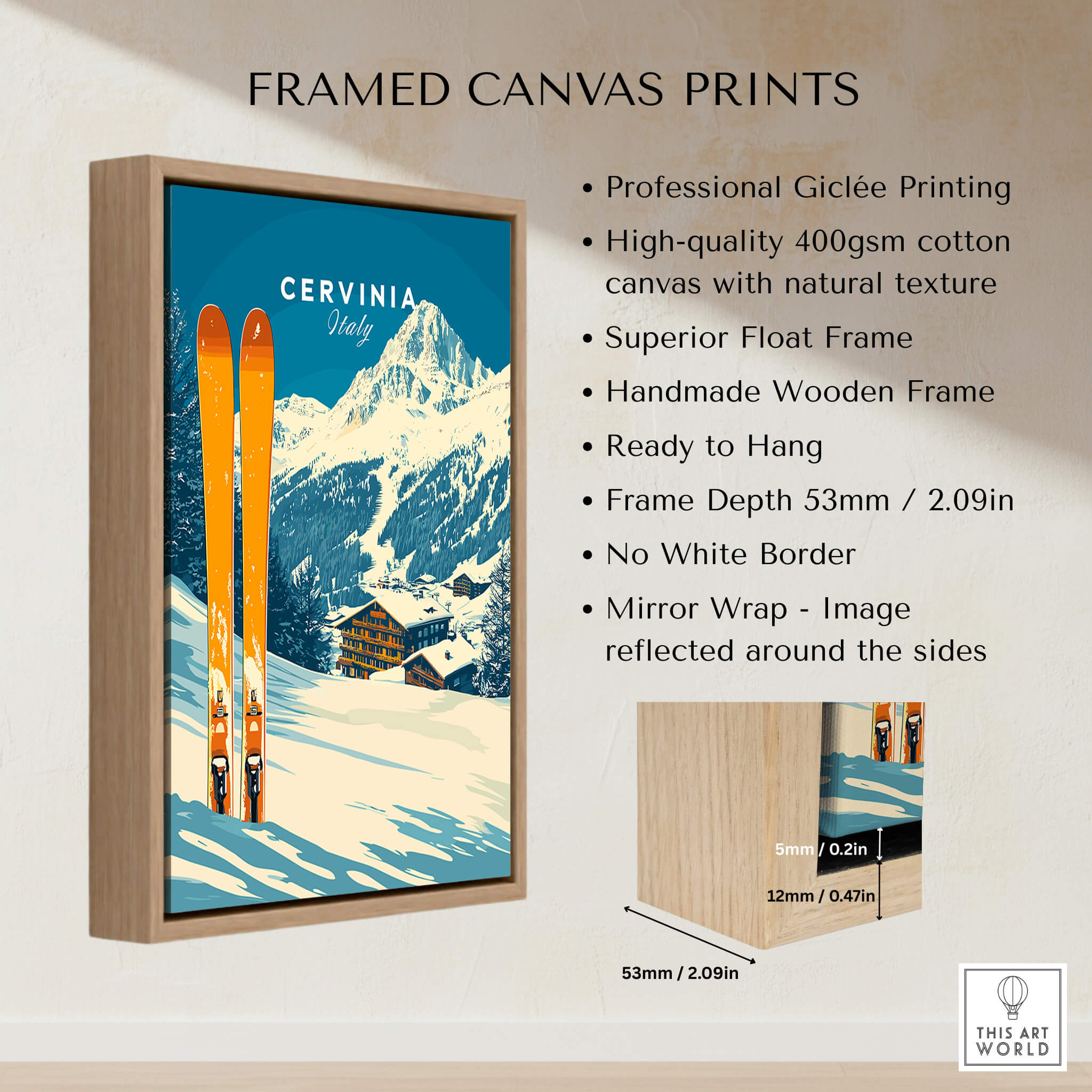 Cervinia Ski Wall Art Print showcasing vibrant colors and intricate details of Italian Alps, framed and ready to hang.