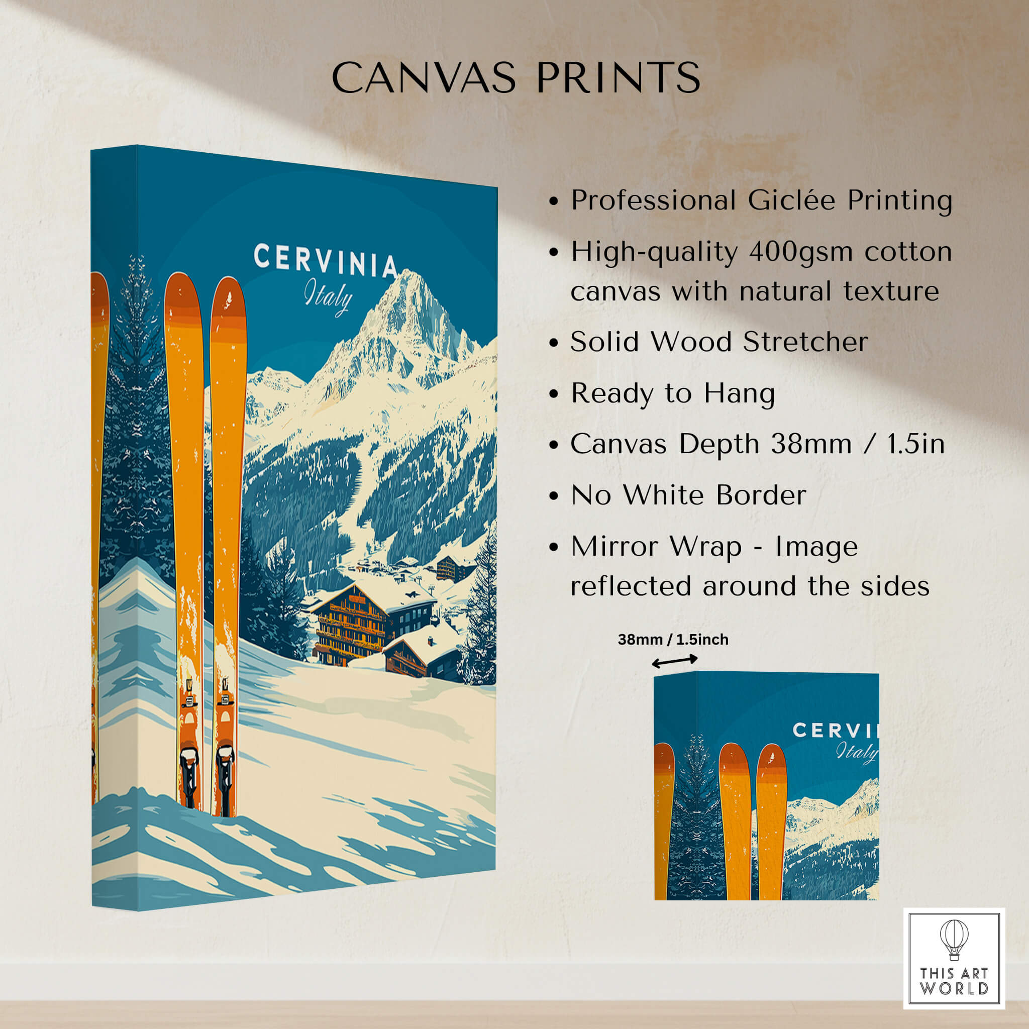 Cervinia Ski Wall Art Print featuring vibrant ski design with mountains and skis, perfect for ski lovers' home decor.