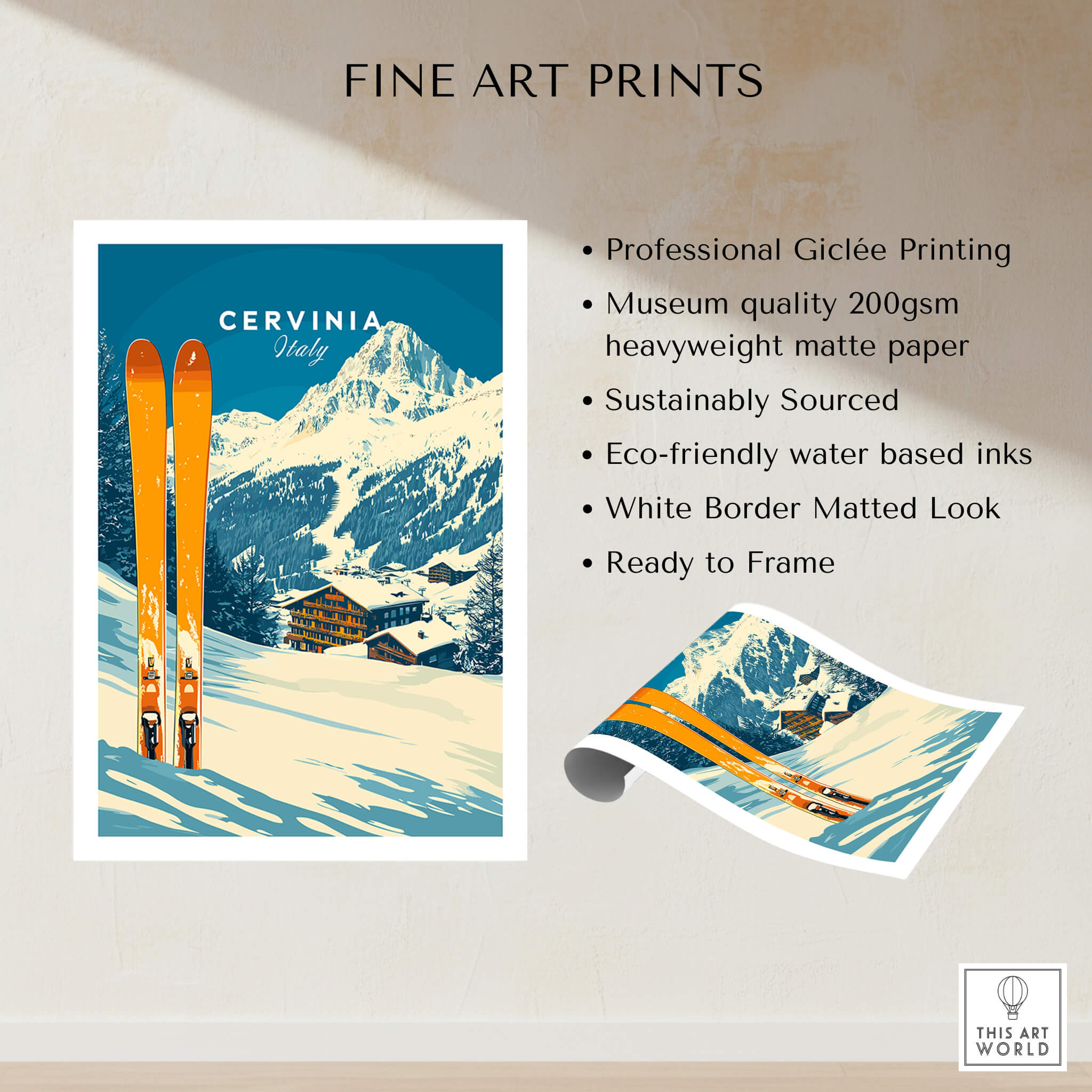 Cervinia Ski Wall Art Print featuring skis and snowy mountain scenery, perfect for ski enthusiasts.