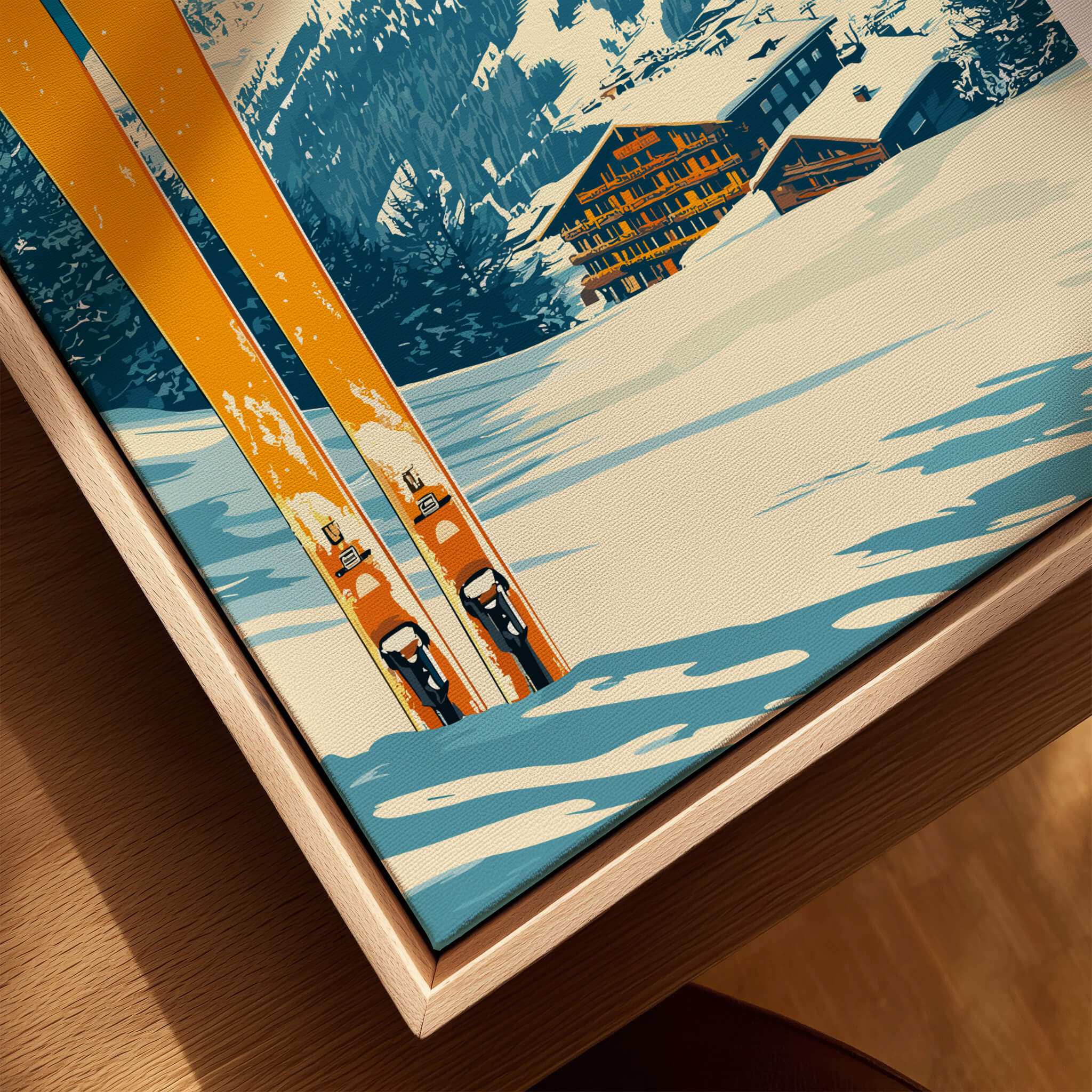 Cervinia Ski Wall Art Print featuring vibrant colors and skiing imagery set against snowy mountains.
