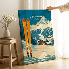 Cervinia Ski Wall Art Print featuring vibrant colors, ski equipment, and stunning Italian Alps background.