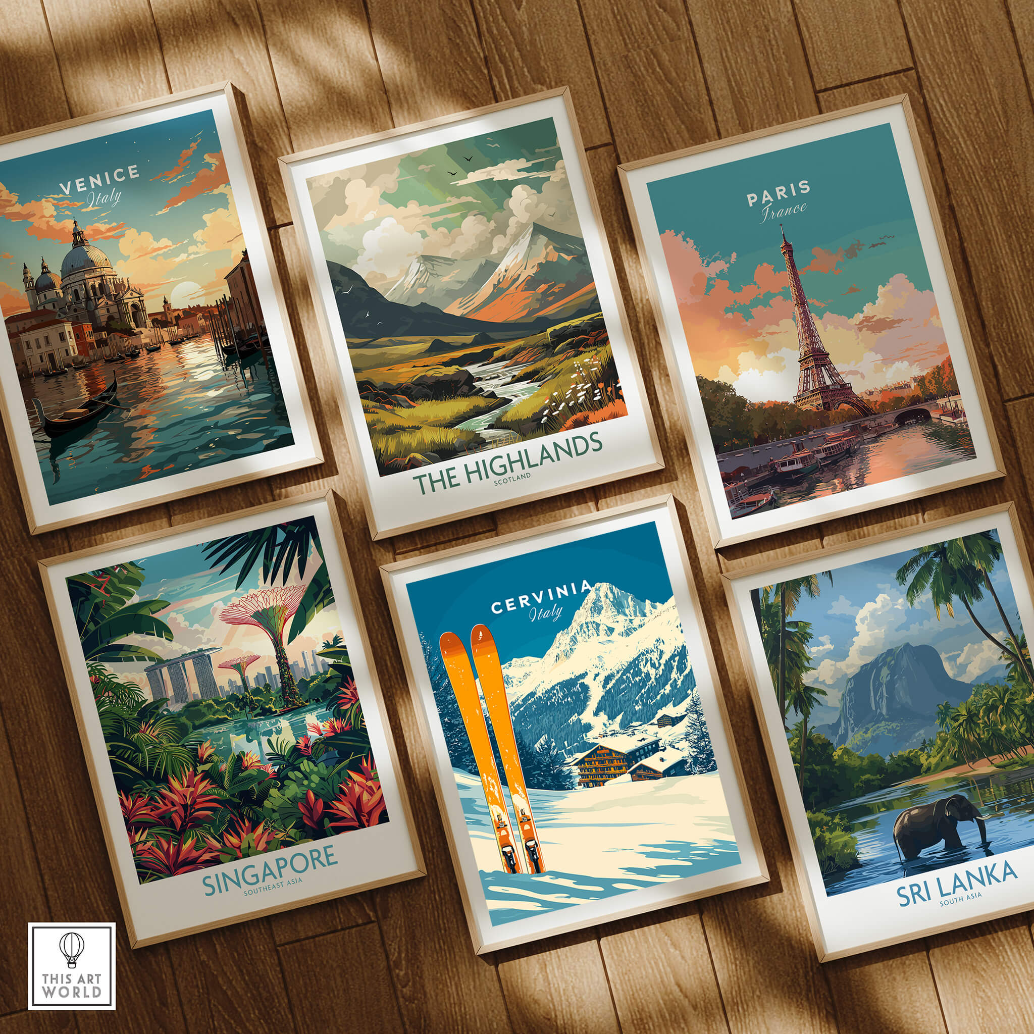 Collage of travel art prints, including Cervinia Ski Wall Art Print, showcasing various global destinations.