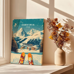 Cervinia Wall Art Ski Print Italy showcasing stunning mountain scenery and vibrant skis.