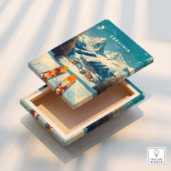 Cervinia Wall Art Ski Print Italy on a beautifully designed wooden box showcasing ski scenes.