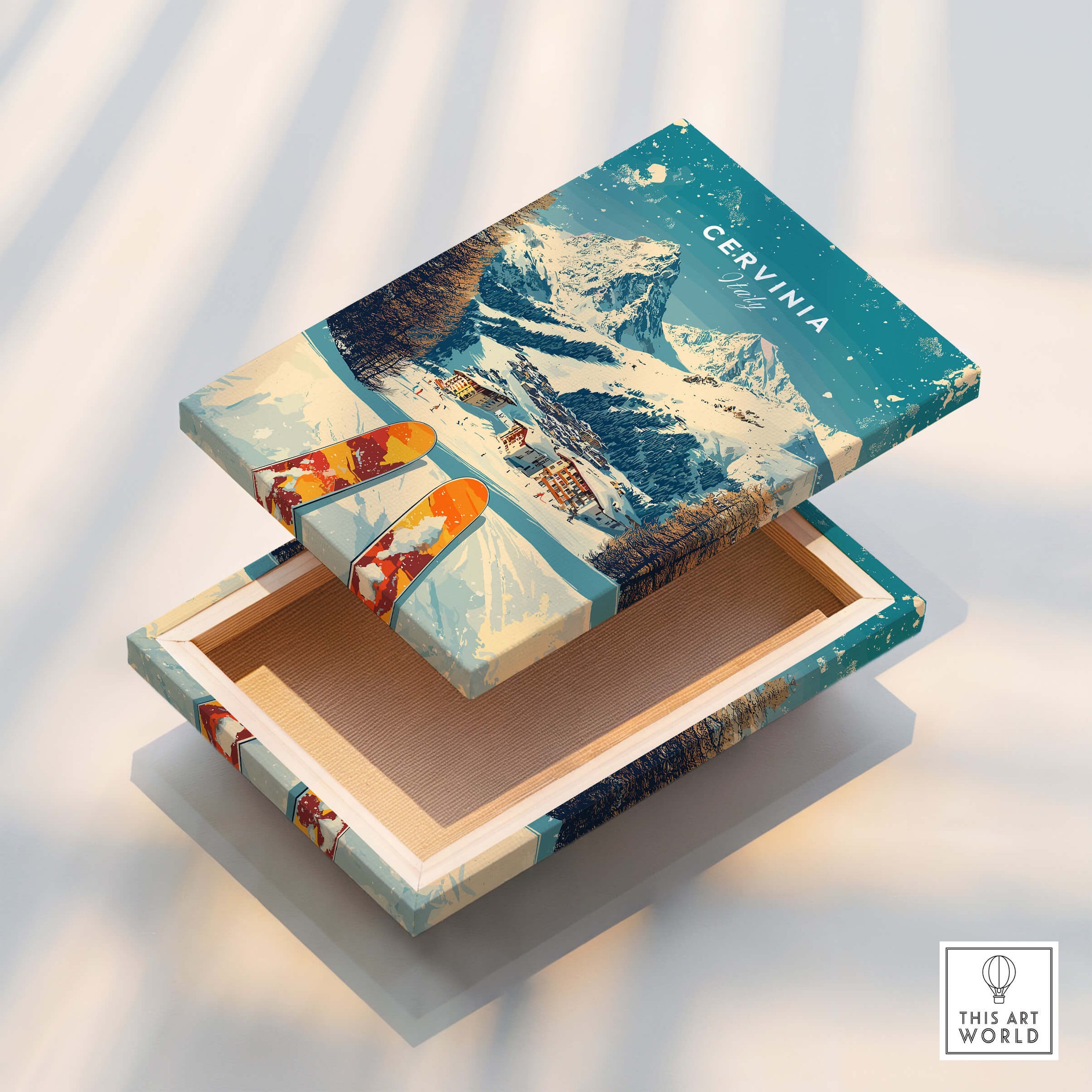 Cervinia Wall Art Ski Print Italy on a beautifully designed wooden box showcasing ski scenes.