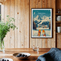 Cervinia Wall Art Ski Print Italy featuring a beautiful winter landscape with skis in foreground.