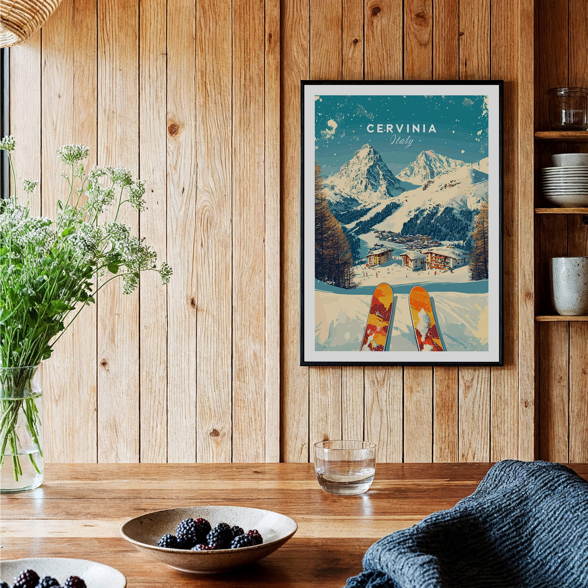 Cervinia Wall Art Ski Print Italy featuring a beautiful winter landscape with skis in foreground.