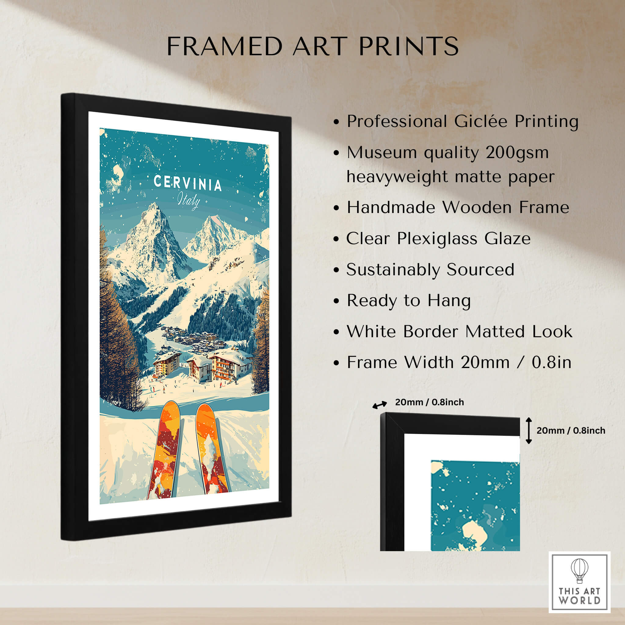 Cervinia Wall Art Ski Print Italy framed art print showcasing Italian slopes in a beautiful wooden frame.