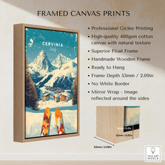 Cervinia Wall Art Ski Print Italy framed canvas print showcasing Italian slopes with vibrant colors and a wooden frame.
