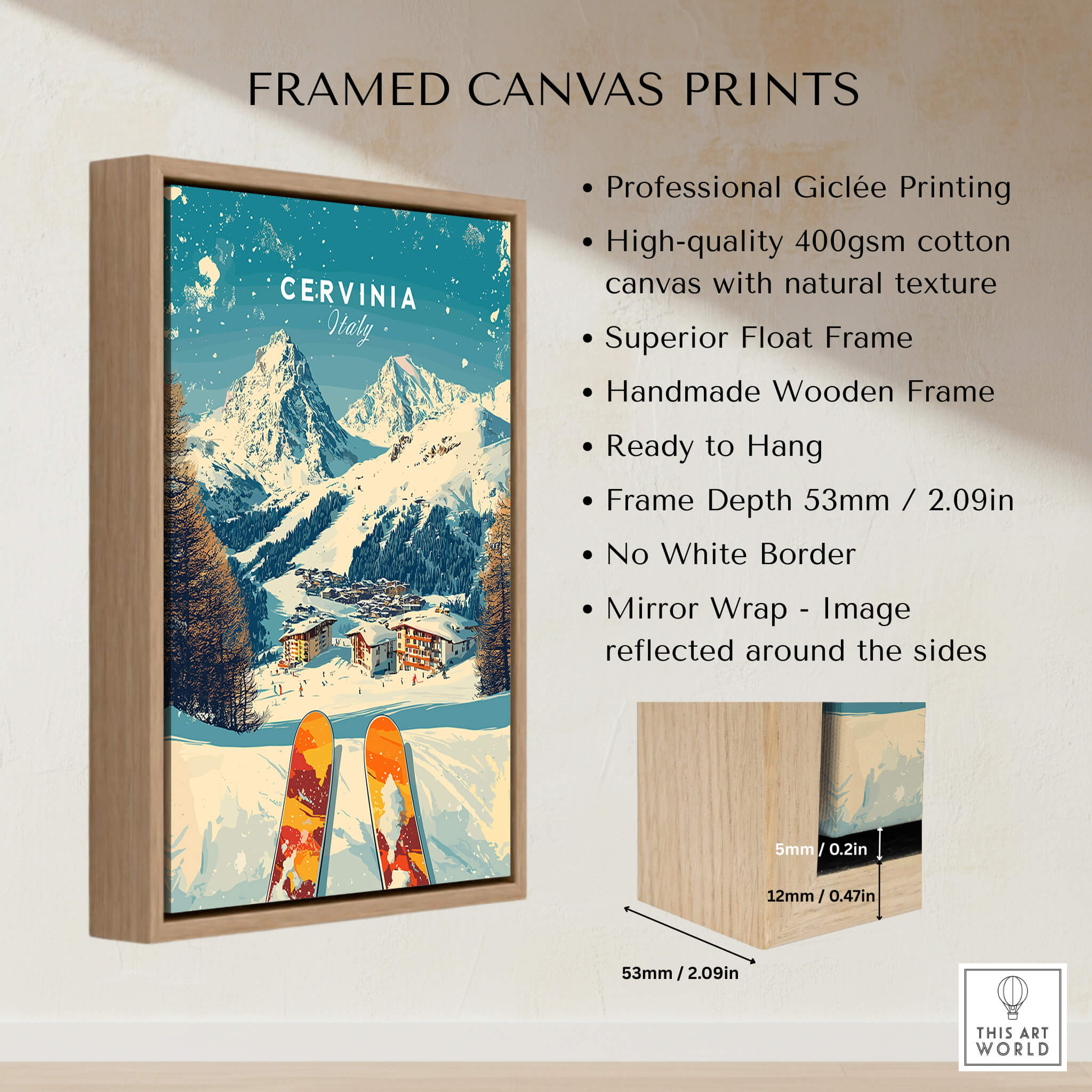 Cervinia Wall Art Ski Print Italy framed canvas print showcasing Italian slopes with vibrant colors and a wooden frame.