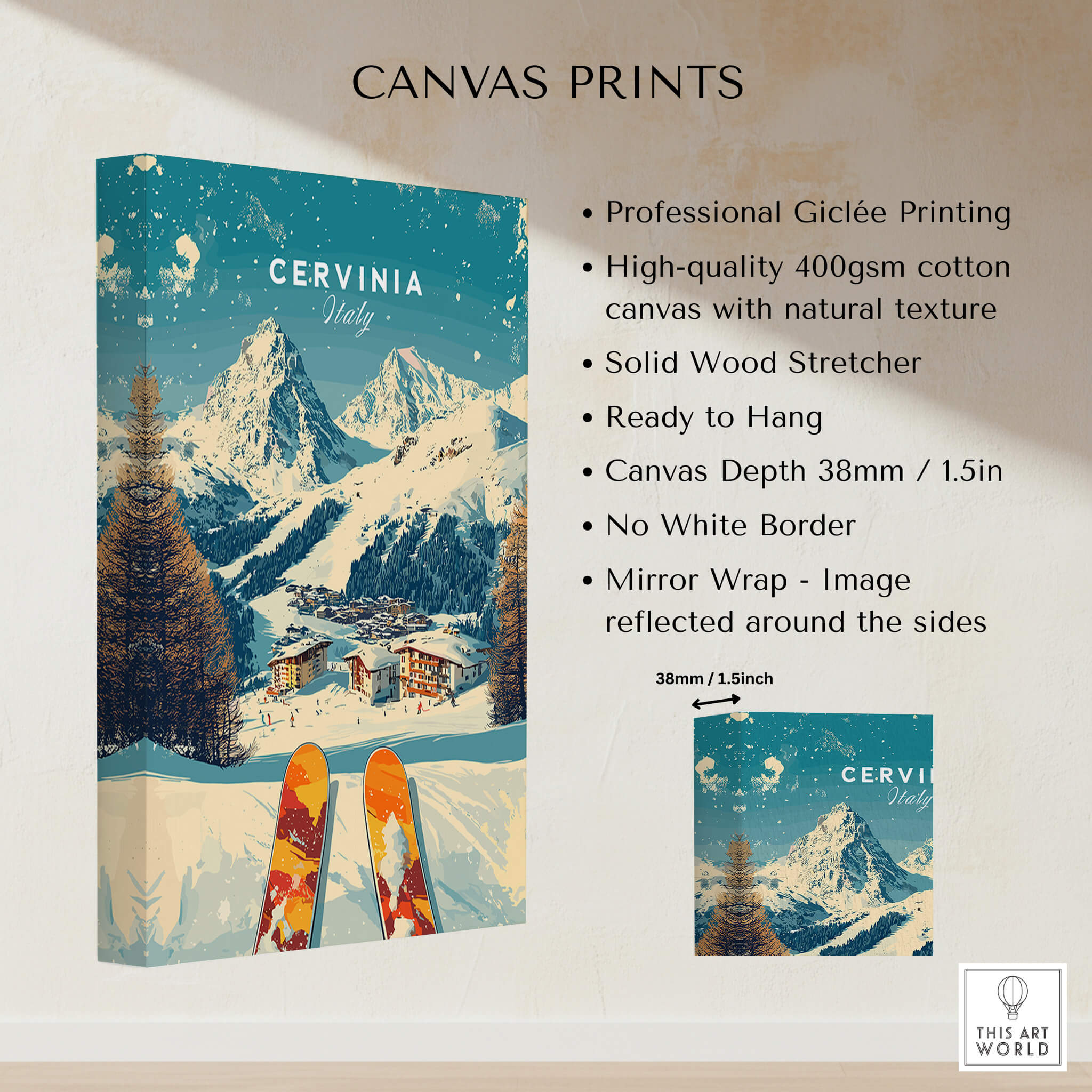 Cervinia Wall Art Ski Print Italy, showcasing the beauty of the Italian slopes and perfect for ski enthusiasts.