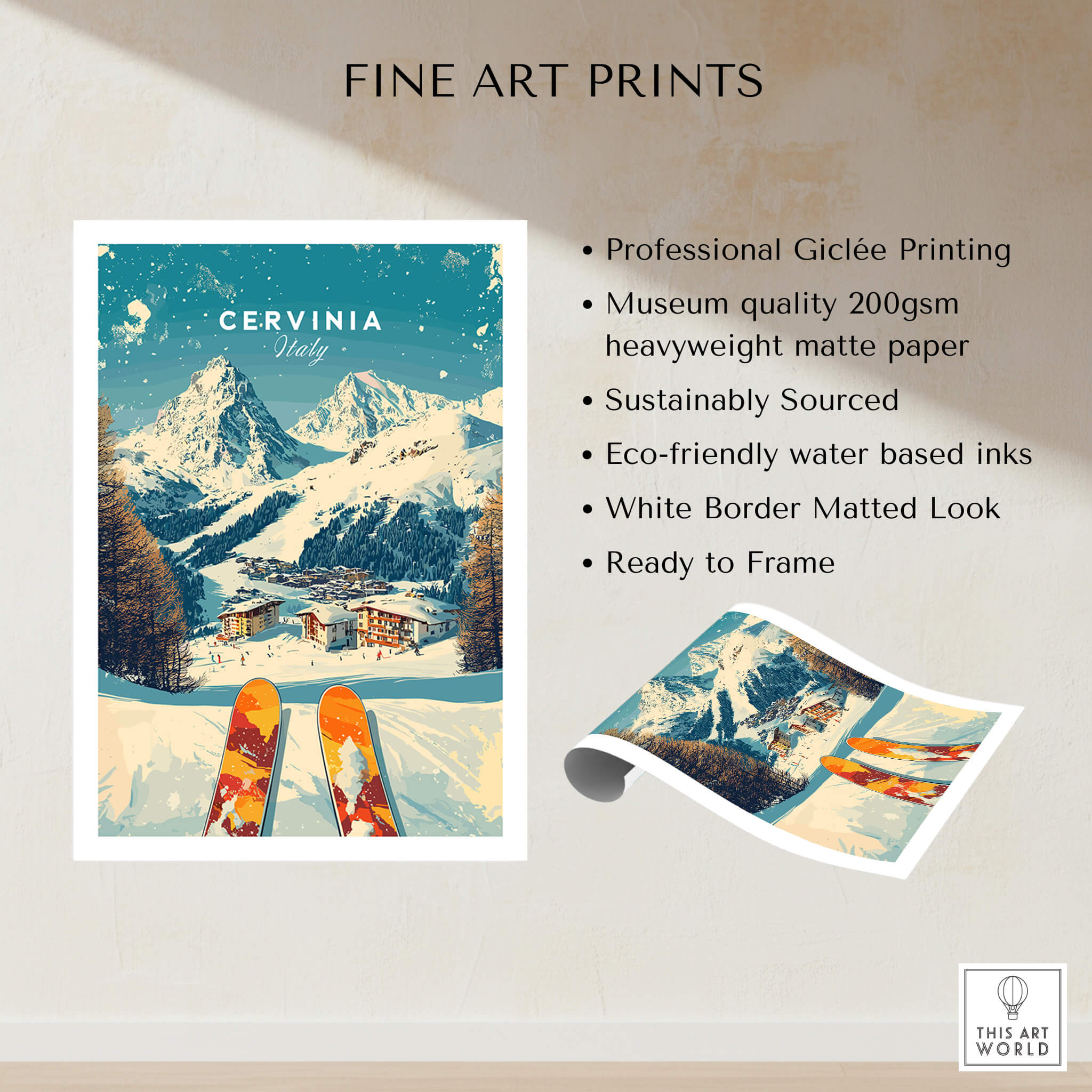Cervinia Wall Art Ski Print Italy showcasing beautiful Italian mountain scenery and skis, perfect for home decor.