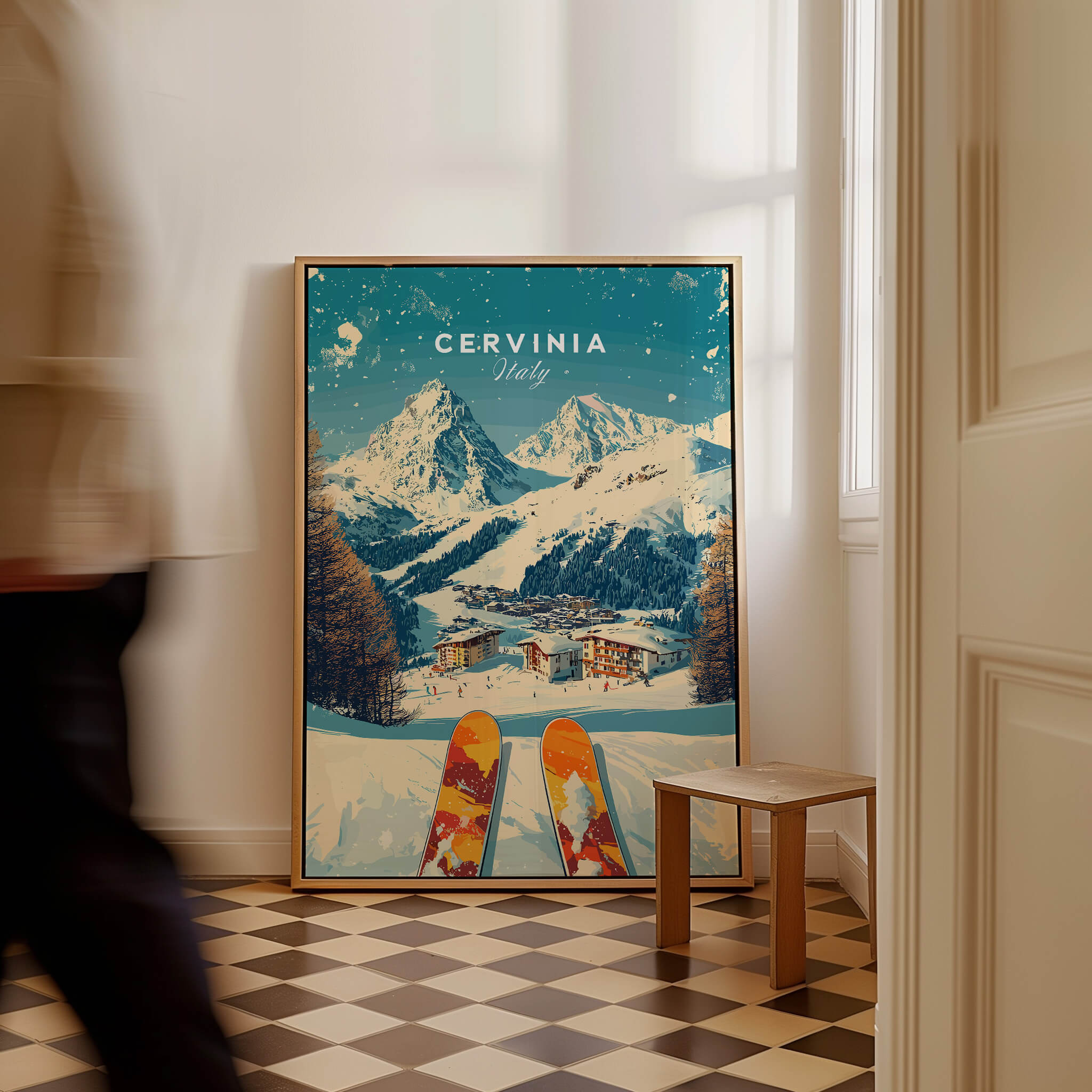 Cervinia Wall Art Ski Print Italy displayed in a cozy interior, showcasing scenic Italian mountains and ski slopes.