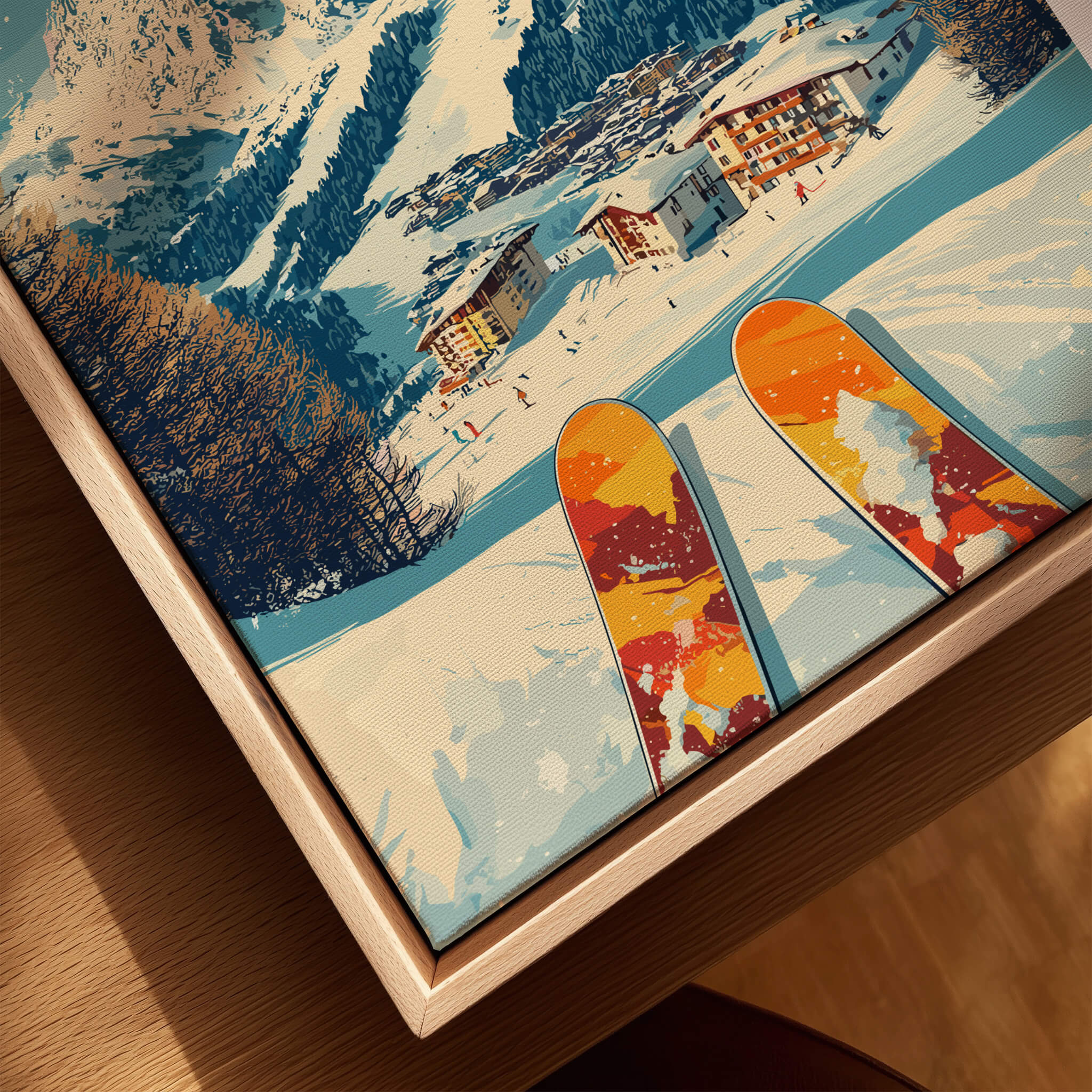 Cervinia Wall Art Ski Print Italy showcasing ski equipment and stunning mountain slopes in a vibrant, artistic representation.