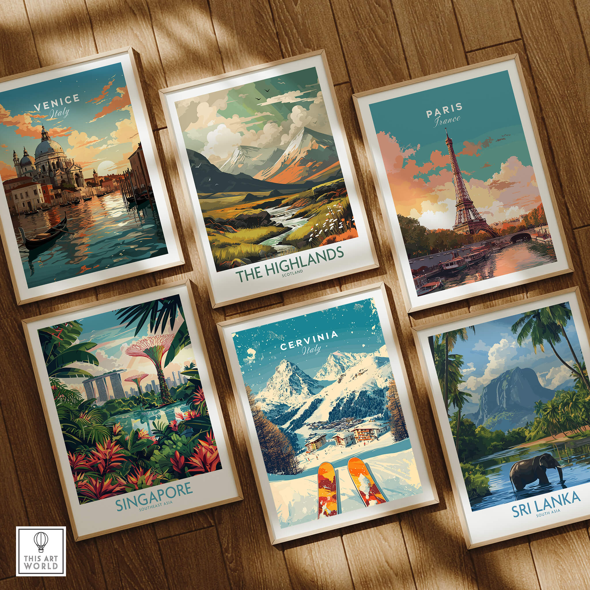 Cervinia Wall Art Ski Print Italy and other travel-themed artwork displayed in stylish frames.