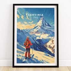 Ski Print Cervinia Italy featuring a skier against a stunning mountain backdrop in Cervinia, Italy.