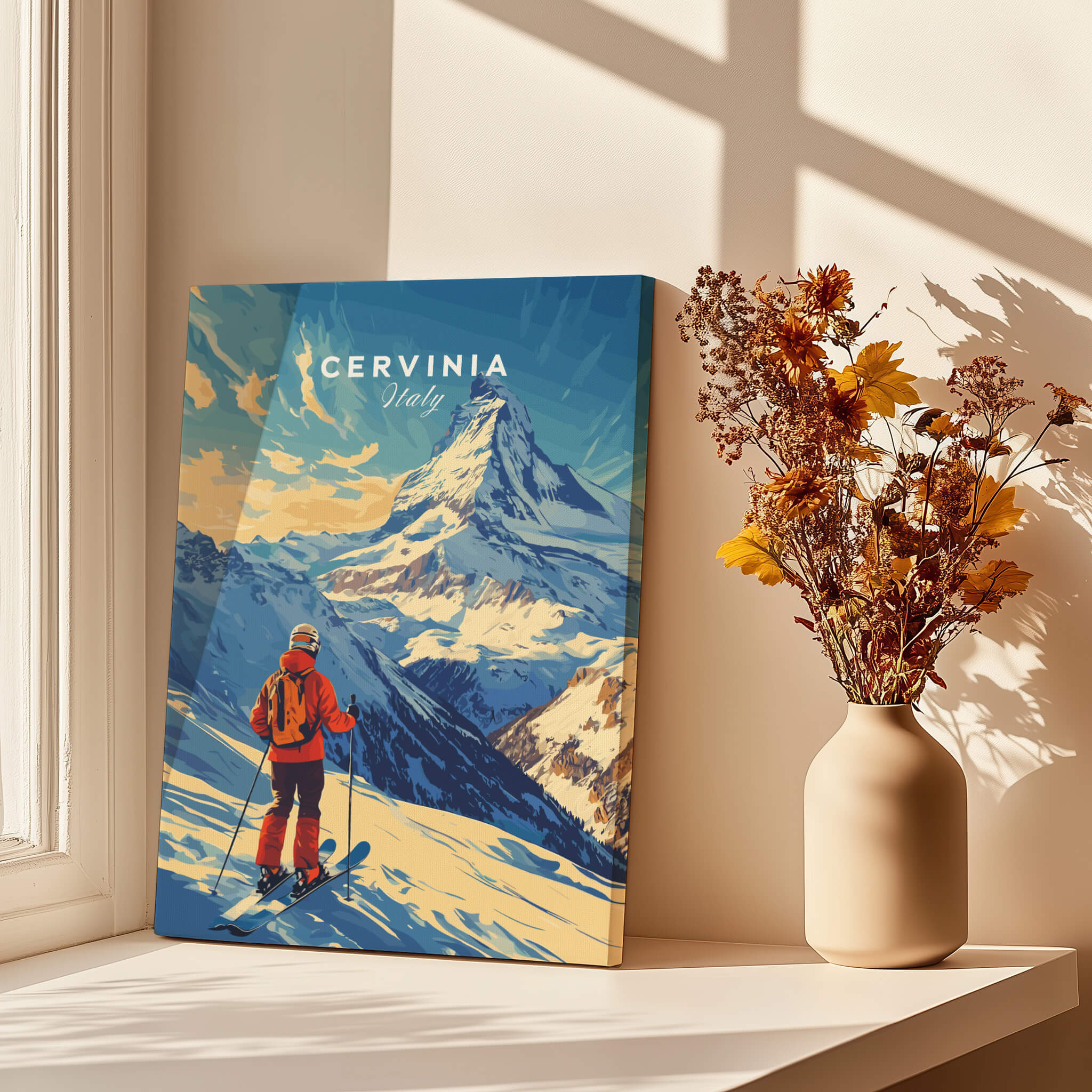 Ski Print Cervinia Italy featuring a skier against a stunning mountain backdrop in Cervinia, Italy.