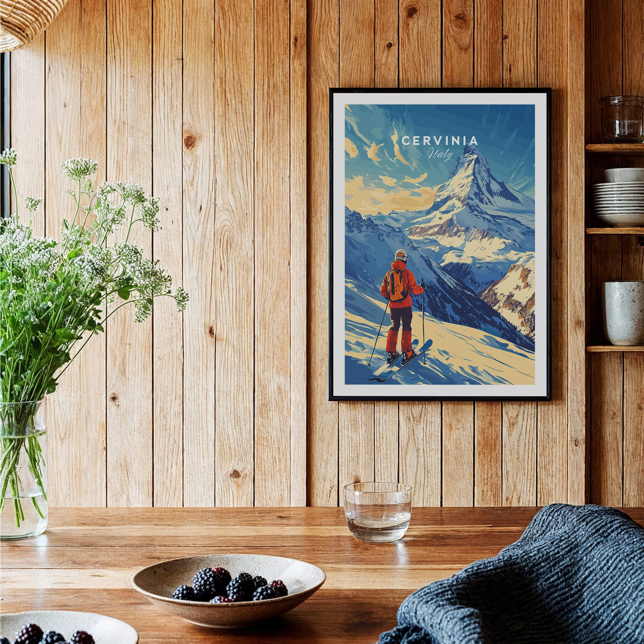 Ski Print Cervinia Italy framed print showcasing a skier against the stunning backdrop of Cervinia, Italy.