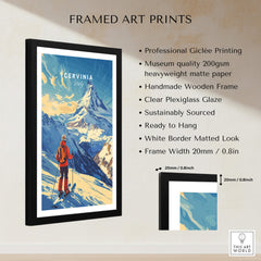 Ski Print Cervinia Italy framed art print with mountain scenery and skier, professional Giclée printing.