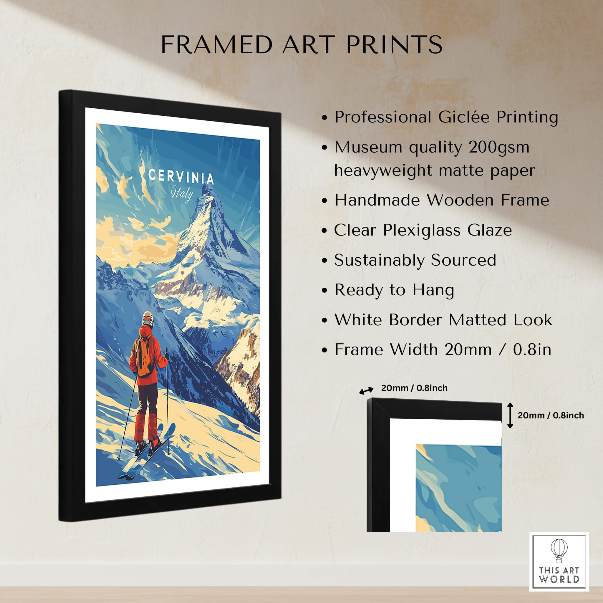 Ski Print Cervinia Italy framed art print with mountain scenery and skier, professional Giclée printing.