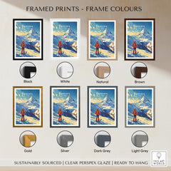 Framed Ski Print Cervinia Italy in various frame colors including black, white, natural, and brown.