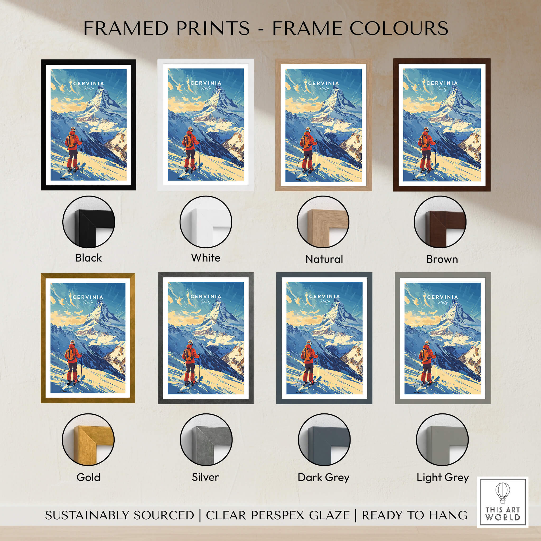Framed Ski Print Cervinia Italy in various frame colors including black, white, natural, and brown.