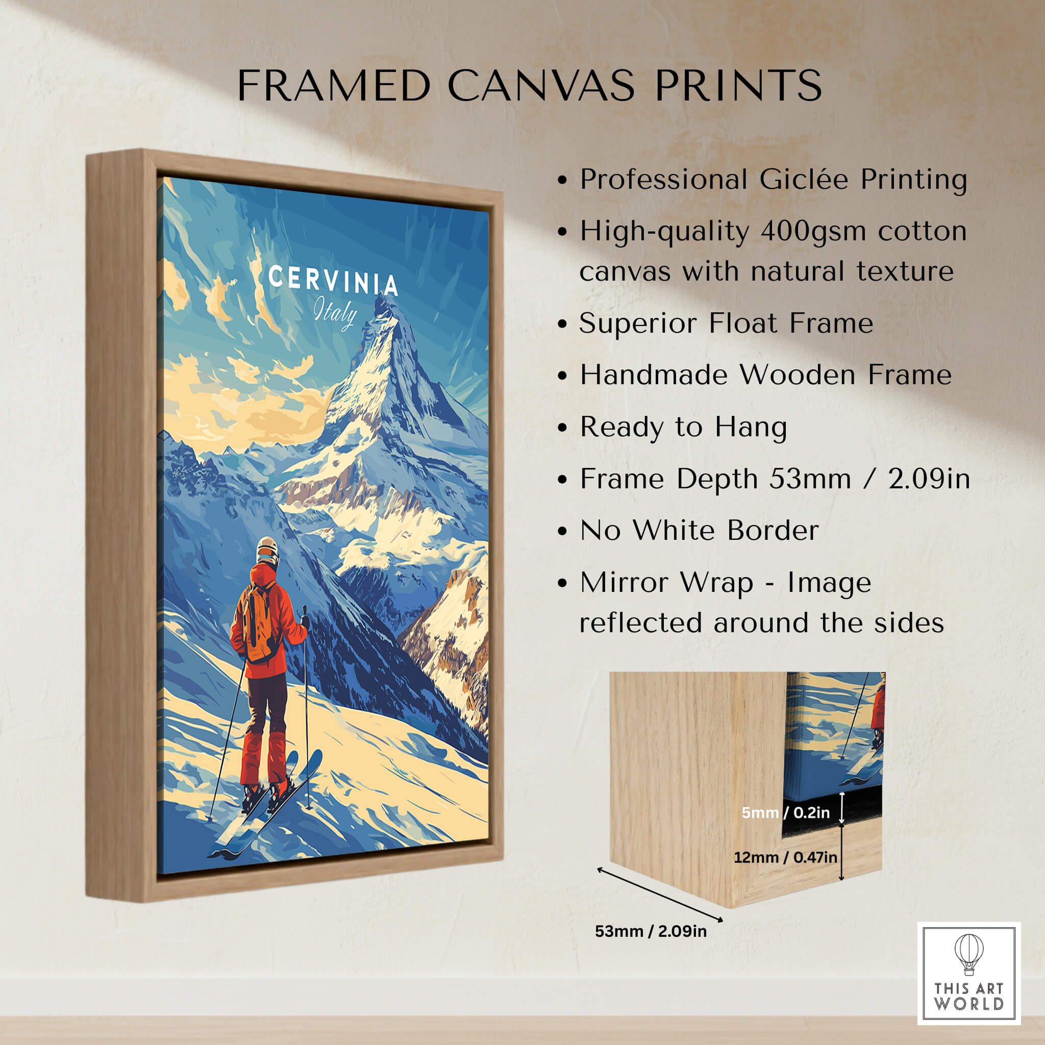 Ski Print Cervinia Italy framed canvas print showcasing stunning mountain scenery and professional Giclée printing.