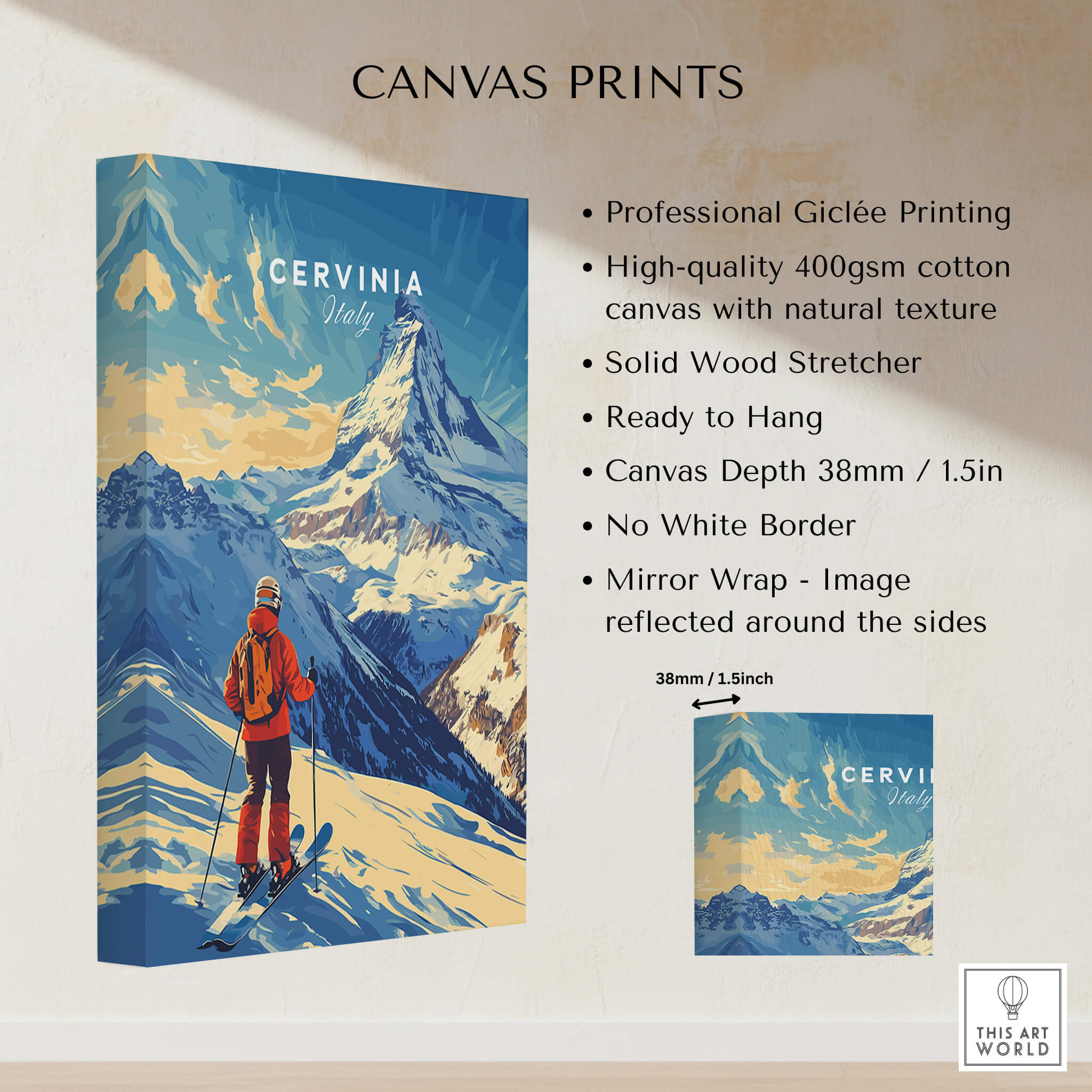 Ski Print Cervinia Italy high-quality canvas print with mountain scenery and skier.
