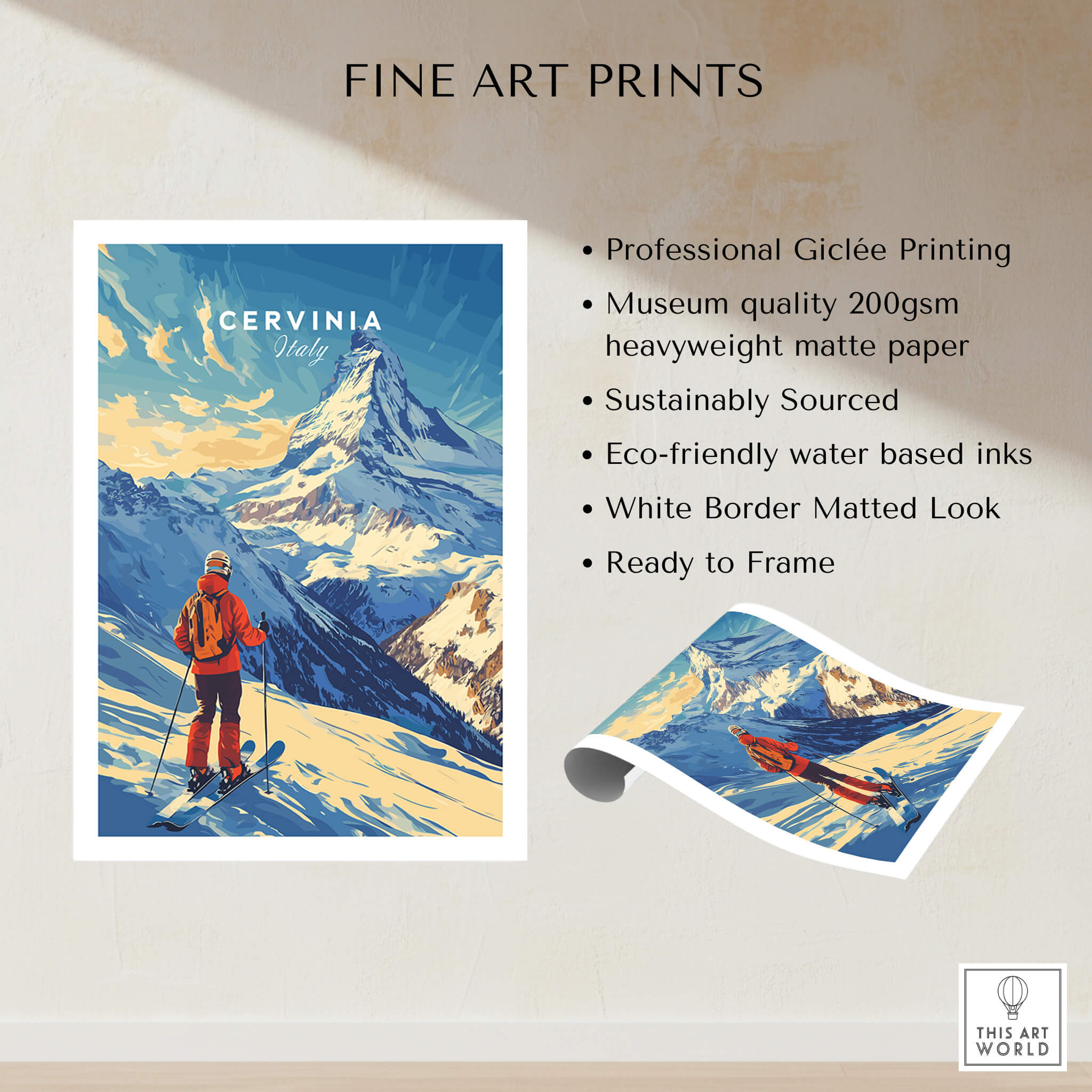 Ski Print Cervinia Italy showcasing breathtaking slopes and quality Giclée printing features.