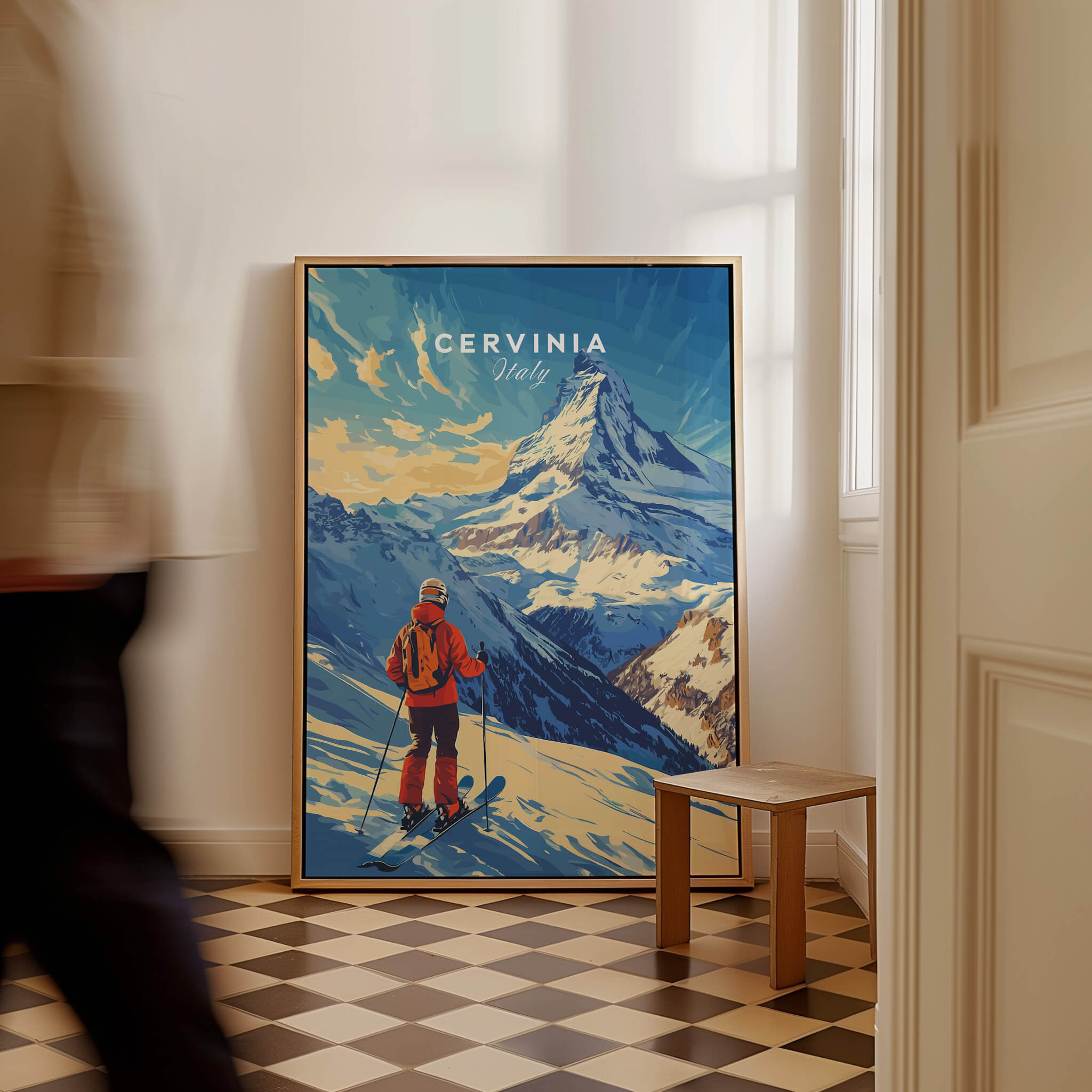 Ski Print Cervinia Italy featuring a skier on a snowy mountain backdrop in a stylish living room setting.