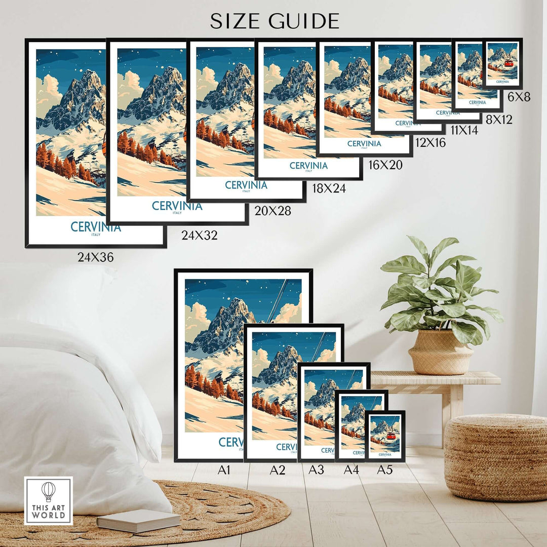 Size guide showcasing various frame sizes for the Cervinia Ski Poster with beautiful mountain imagery.