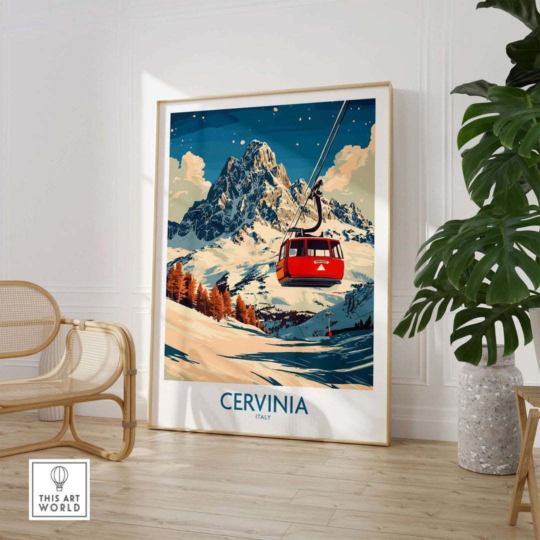 Cervinia Ski Poster featuring a vibrant mountain scene and red gondola in Italy, perfect for skiing enthusiasts decor.