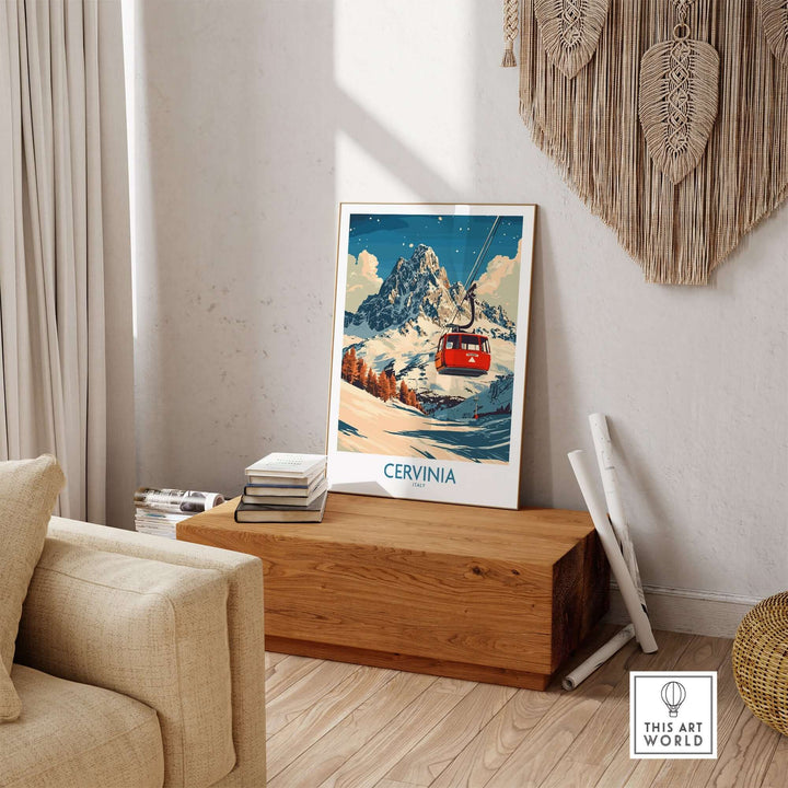 Cervinia ski poster featuring vibrant colors and a stunning mountain landscape, perfect for ski lovers' wall decor.