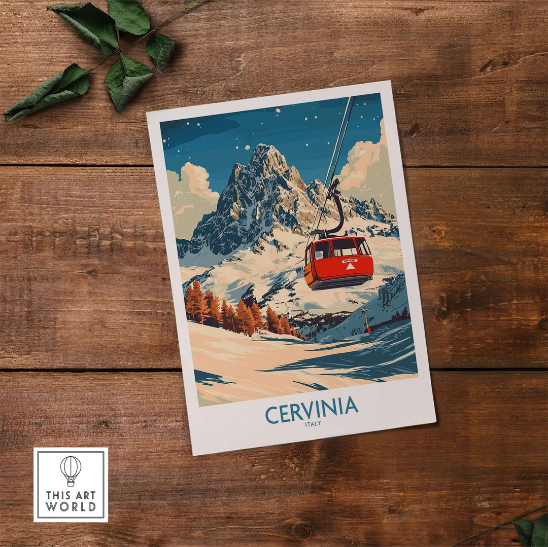 Cervinia ski poster featuring a vibrant mountain landscape and cable car in Italy, perfect for ski enthusiasts.