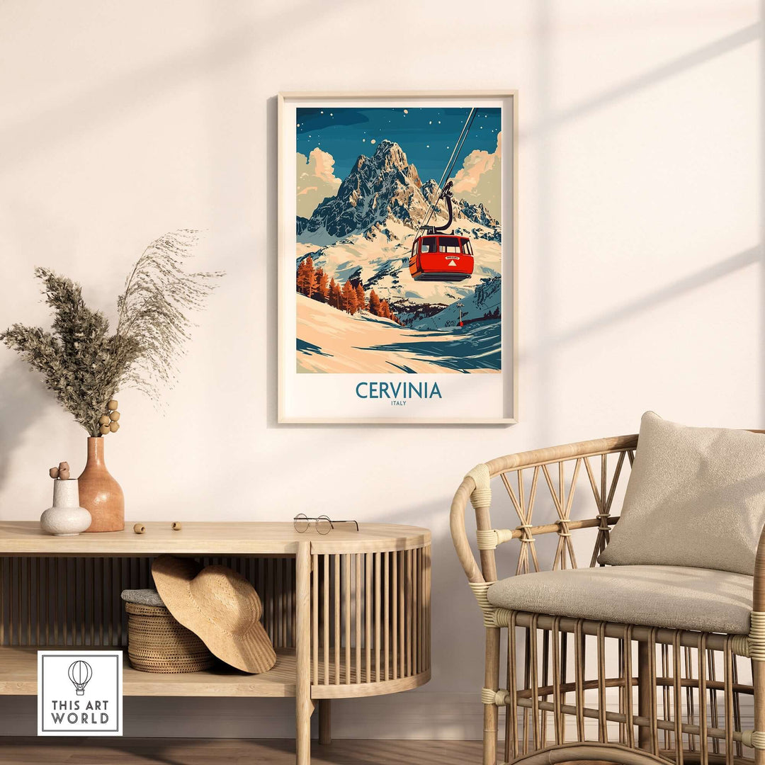 Vibrant Cervinia ski poster featuring a red gondola and snowy mountain landscape in a cozy interior setting.