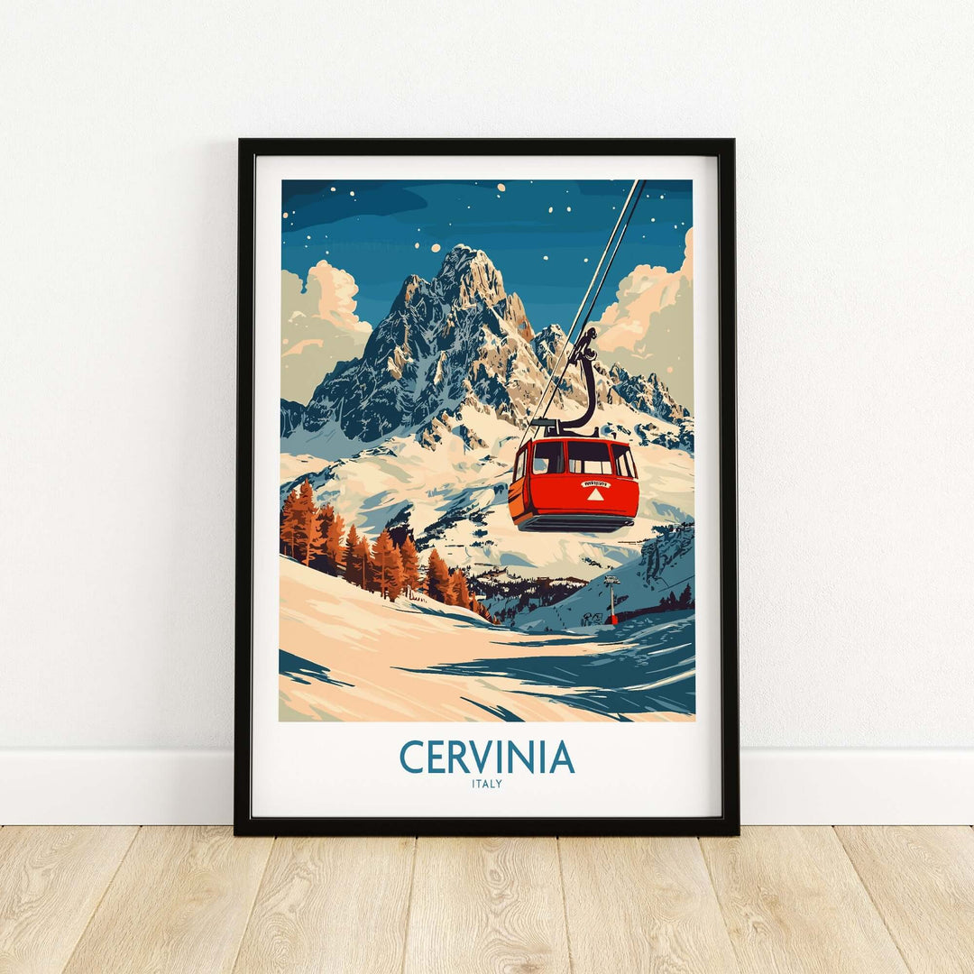 Cervinia ski poster showcasing a red gondola against a stunning mountain landscape in Italy. Perfect for skiing enthusiasts.