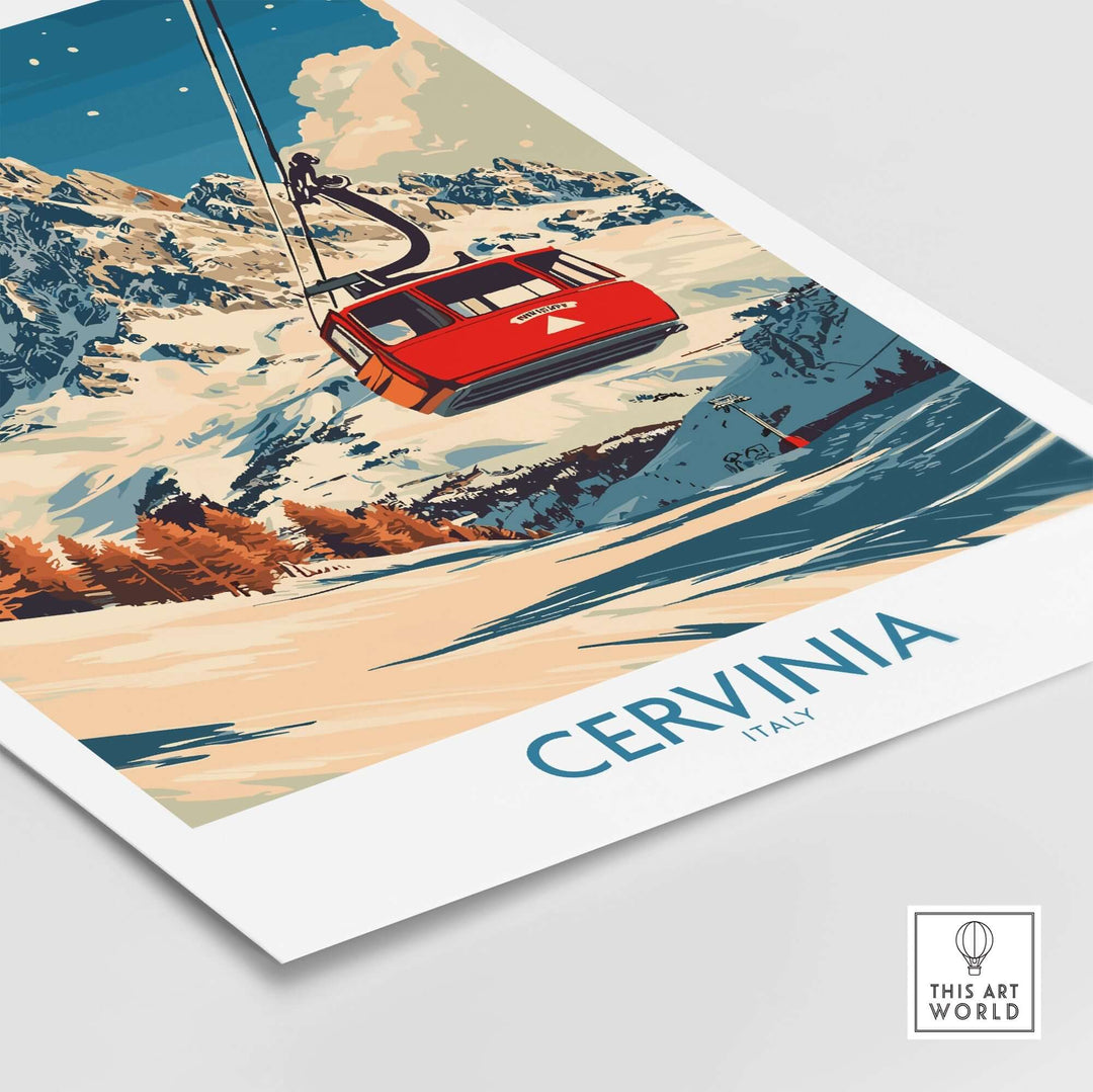 Cervinia ski poster featuring a red gondola amidst snowy mountains and vibrant landscapes in Italy. Perfect for ski enthusiasts.