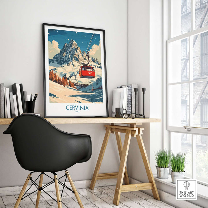 Cervinia Ski Poster showcasing a vibrant landscape with a gondola, perfect for decorating a modern workspace.