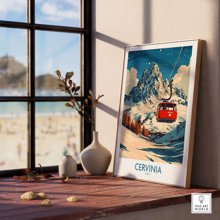 Cervinia ski poster featuring a vibrant mountain landscape and gondola, perfect for adding adventure to your wall decor.