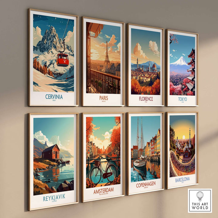 A collection of vibrant travel posters featuring Cervinia, Paris, Florence, Tokyo, Reykjavik, Amsterdam, Copenhagen, and Barcelona.