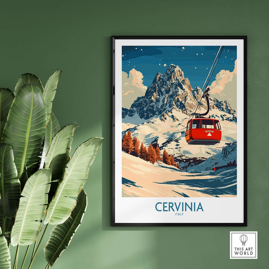 Cervinia ski poster featuring a scenic mountain landscape and a red gondola, ideal for ski enthusiasts and home decor.