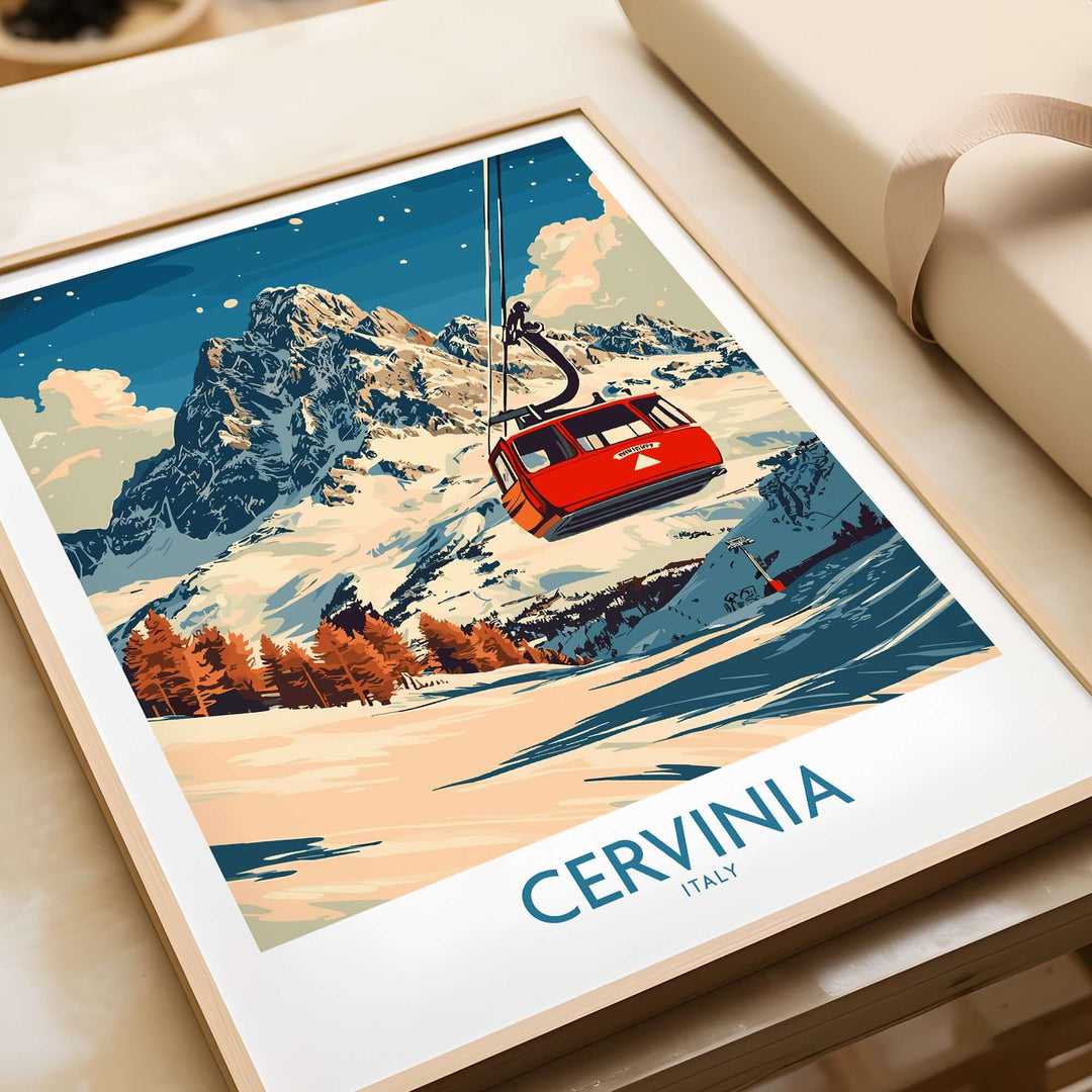 Cervinia Ski Poster featuring a red gondola amidst stunning mountain scenery and vibrant colors, capturing the essence of skiing in Italy.