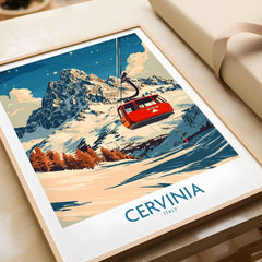 Cervinia Ski Poster featuring a red gondola amidst stunning mountain scenery and vibrant colors, capturing the essence of skiing in Italy.