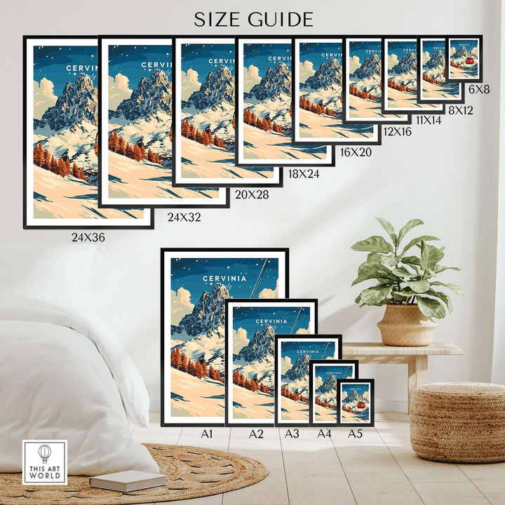 Size guide for Cervinia Ski Print featuring various dimensions and vibrant mountain artwork suitable for home decor.